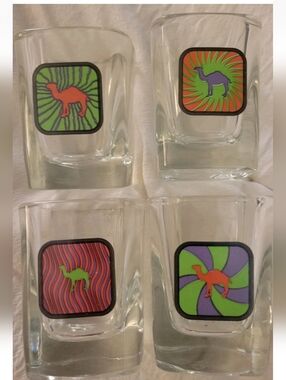 NEW Set 4 Vintage JOE CAMEL Cigarettes Promo Square Shot Glasses Hippie Retro